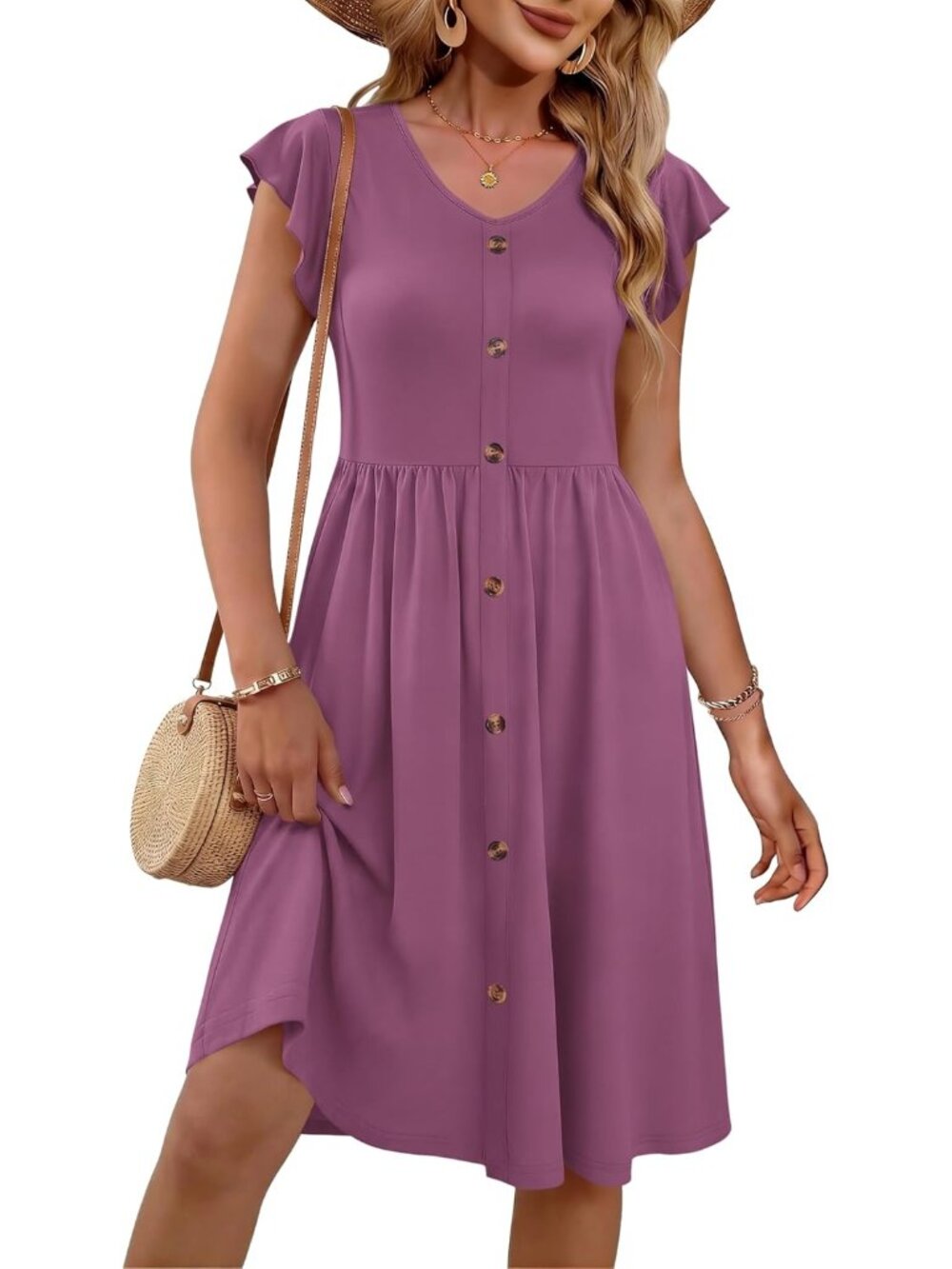 Women's Purple Summer Dresses V-Neck Casual Ruffle Sleeve Sun Dress with Pocket